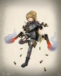 Rule 34 | 1girl, absurdres, ammunition, artist request, boots, brown hair, bullet casing, desert eagle, dual wielding, fingerless gloves, girls&#039; frontline, gloves, gun, handgun, headset, highres, holding, holster, knee pads, military, original, pouch, red eyes, shorts, signature, smoke, smoking barrel, solo, tactical clothes, thigh holster, thighhighs, weapon
