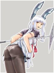 Rule 34 | 10s, 1girl, :o, ass, holding behind back, blunt bangs, brown pantyhose, candy, eating, eyebrows, food, from behind, gloves, grey background, hair over shoulder, hair ribbon, headgear, highres, holding, holding staff, kantai collection, leaning forward, lollipop, long hair, looking at viewer, looking back, mouth hold, murakumo (kancolle), murakumo kai ni (kancolle), nujima, open mouth, panties, panties under pantyhose, pantyhose, red ribbon, ribbon, shirt, sidelocks, silver hair, simple background, solo, staff, sweets, tassel, thighband pantyhose, underwear, very long hair, white gloves, white panties, white shirt, yellow eyes