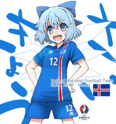 Rule 34 | &gt;:d, 1girl, :d, alternate costume, blue eyes, blue hair, bow, cirno, euro 2016, flag, fujii jun, hair bow, hands on own hips, ice, ice wings, iceland, icelandic flag, matching hair/eyes, open mouth, short hair, short sleeves, shorts, smile, soccer, soccer uniform, solo, sportswear, teeth, touhou, v-shaped eyebrows, white background, wings