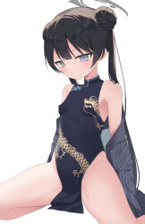 Rule 34 | 1girl, black dress, black hair, blue archive, blue eyes, braid, braided bun, breasts, china dress, chinese clothes, closed mouth, commentary request, covered erect nipples, double bun, dress, grey jacket, hair bun, halo, jacket, kisaki (blue archive), long hair, off shoulder, pelvic curtain, pinstripe pattern, simple background, sitting, sleeveless, sleeveless dress, small breasts, solo, spread legs, striped, twintails, usagimiko, very long hair, white background