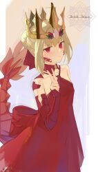 1girl absurdres ahoge bare_shoulders blonde_hair blush braid breasts cat.106 crown dragon_tail dress facial_mark fate/grand_order fate_(series) hair_bun hair_intakes hair_ribbon highres looking_at_viewer medium_hair nero_claudius_(fate) nero_claudius_(fate)_(all) pointy_ears queen_draco_(fate) queen_draco_(first_ascension)_(fate) red_dress red_eyes red_ribbon ribbon scales small_breasts solo tail