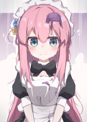 Rule 34 | 1girl, alternate costume, apron, black dress, blob, blue eyes, blush, bocchi the rock!, closed mouth, cube hair ornament, dirty, dirty clothes, dress, enmaided, flying sweatdrops, frown, gotoh hitori, hair ornament, highres, long hair, maid, maid apron, maid headdress, nalphanne, nervous, nervous sweating, pink hair, short sleeves, solo, sweat