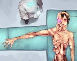 Rule 34 | 1boy, 1girl, biohazard symbol, body horror, bodysuit, brown hair, commentary request, extra eyes, glowing, hazard symbol, hazmat suit, helmet, lying, mutation, on back, onibi (foxhound4185), operating table, original, outstretched arm, red eyes, skinny, standing, symbol, table, ugly man