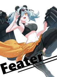 Rule 34 | 1girl, animal ears, arknights, black bra, black footwear, black hair, black pants, blush stickers, bra, breasts, character name, clenched hand, clothes around waist, commentary, eyewear on head, fang, feater (arknights), feater (dojo star) (arknights), foot out of frame, hair between eyes, hair over one eye, highres, jacket, jacket around waist, large breasts, looking at viewer, mare funo, mechanical arms, medium hair, multicolored hair, official alternate costume, open mouth, orange eyes, panda ears, pants, round eyewear, shoes, silver hair, simple background, skin fang, smile, solo, sports bra, stomach, streaked hair, sunglasses, thick eyebrows, tight clothes, tight pants, twintails, two-tone hair, underwear, white background