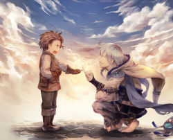 Rule 34 | 10s, 2boys, aged down, barefoot, boots, braid, brown gloves, brown hair, child, cloud, cloudy sky, crying, gloves, glowing, granblue fantasy, hood, kuina (escapegoat), long hair, male focus, multiple boys, noa (granblue fantasy), pinky swear, rackam (granblue fantasy), role reversal, silver hair, single braid, sky, squatting, vest