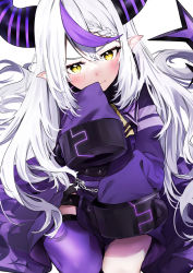 Rule 34 | 1girl, absurdres, black horns, blush, braid, closed mouth, commentary request, hair between eyes, highres, hololive, horns, jacket, la+ darknesss, long hair, long sleeves, looking at viewer, multicolored hair, pointy ears, purple hair, purple jacket, r10c, simple background, single thighhigh, sleeves past fingers, sleeves past wrists, solo, streaked hair, striped, striped horns, thighhighs, thighs, virtual youtuber, white background, white hair, yellow eyes