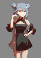 Rule 34 | 1girl, absurdres, azur lane, bare shoulders, black dress, blue hair, breasts, china dress, chinese clothes, cleavage, cleavage cutout, clothing cutout, commentary, cowboy shot, detached sleeves, double bun, dress, essex (azur lane), essex (brush and ink) (azur lane), grey background, hair bun, highres, l.j., long hair, looking at viewer, official alternate costume, red eyes, short dress, short sleeves, simple background, solo