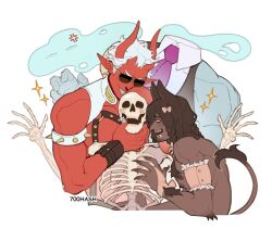 Rule 34 | 3boys, 700hash, anger vein, animal ears, arm hair, armlet, artist name, bara, black shirt, blue nails, blush, bow, braid, brown hair, cat boy, cat ears, cat tail, chest hair, chest harness, claws, colored skin, commentary, dark-skinned male, dark skin, demon boy, demon horns, dullahan, english commentary, facing another, fang, fur-tipped tail, grabbing another&#039;s chin, hair bow, hand on another&#039;s chin, hand up, harness, headless, highres, horns, long hair, looking at another, male focus, monster boy, multiple boys, multiple braids, multiple horns, open mouth, original, pointy ears, red skin, shirt, short hair, shrug (clothing), simple background, skeleton, sleeveless, sleeveless shirt, solo, sparkle, spiked armlet, sunglasses, tail, upper body, very dark skin, very short hair, white background, white hair, yellow eyes