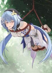 Rule 34 | 1girl, ahoge, arms behind back, bare shoulders, barefoot, bdsm, beret, blue bow, blue hair, blush, bondage, bound, bound ankles, bound arms, bound legs, bound thighs, bound torso, bound wrists, bow, dress, full body, griseo, griseo (starry impression), hair ornament, hat, highres, hogtie, honkai (series), honkai impact 3rd, long hair, open mouth, purple eyes, red rope, restrained, rope, shibari, shibari over clothes, solo, suspension, twin (tt lsh), twintails, white dress