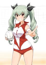 Rule 34 | 10s, 1girl, anchovy (girls und panzer), ball, bare shoulders, blush, breasts, brown eyes, buruma, diesel-turbo, drill hair, girls und panzer, green hair, grin, hair ribbon, holding, holding ball, large breasts, long hair, looking at viewer, pointing, pointing at viewer, red eyes, ribbon, smile, solo, sportswear, standing, twin drills, twintails, voice actor connection, volleyball (object), volleyball net, volleyball uniform