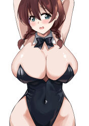 Rule 34 | armpits, arms behind head, arms up, black bow, black bowtie, black leotard, blush, bow, bowtie, braid, breasts, brown hair, cleavage, commentary request, covered navel, detached collar, emma verde, green eyes, hair between eyes, highres, large breasts, leotard, looking at viewer, love live!, love live! nijigasaki high school idol club, medium hair, open mouth, pisagi, playboy bunny, simple background, twin braids, upper body, wavy mouth, white background
