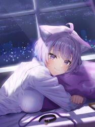 Rule 34 | 1girl, ahoge, animal ears, backlighting, black choker, blush, breasts, cat ears, cat girl, choker, choker removed, cityscape, closed mouth, commentary request, crossed arms, eyelashes, hair between eyes, happy, head on pillow, head tilt, highres, hololive, hugging object, indoors, large breasts, light rays, long sleeves, looking at viewer, lying, nekomata okayu, nekomata okayu (oversized shirt), night, on bed, on stomach, pillow, pillow hug, purple hair, purple ribbon, ribbon, shirt, short hair, sky, smile, solo, spiked hair, star (sky), starry sky, torakichi 888, unworn ribbon, upper body, virtual youtuber, white shirt, window