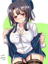 Rule 34 | 1girl, alternate eye color, beret, black hair, black thighhighs, blouse, blue hat, blue jacket, blue skirt, breasts, brown eyes, cleavage, dated, garter straps, green background, hair between eyes, hat, highres, jacket, kantai collection, large breasts, looking at viewer, military, military uniform, miniskirt, open clothes, open jacket, sawatani (chevalier 04056), shirt, short hair, short hair with long locks, signature, skirt, smile, solo, takao (kancolle), thighhighs, twitter username, two-tone background, undressing, uniform, white background, white shirt