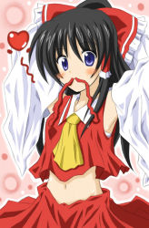 Rule 34 | 1girl, arms up, black hair, blue eyes, blush, bow, detached sleeves, exe (artist), female focus, hair bow, hakurei reimu, heart, midriff, mouth hold, navel, ribbon, smile, solo, touhou, xe (execut3r)