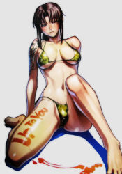 Rule 34 | 1girl, agua-verde, barefoot, bikini, black lagoon, blush, bodypaint, breasts, brown hair, camouflage, feet, foreshortening, highres, hiroe rei, large breasts, official art, ponytail, revy (black lagoon), solo, swimsuit, tattoo