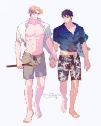 Rule 34 | 2boys, absurdres, alternate costume, ao isami, bara, black hair, blonde hair, couple, facial hair, full body, highres, holding, holding hands, holding stick, large pectorals, lewis smith, llld (2ldk1241), male focus, midriff peek, multiple boys, muscular, muscular male, nipples, official alternate hairstyle, pectorals, see-through, short hair, shorts, sideburns stubble, smile, stick, stubble, thick eyebrows, toned, toned male, walking, wind, yaoi, yuuki bakuhatsu bang bravern