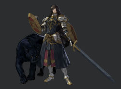 Rule 34 | 1boy, armor, black panther, boots, brown hair, cape, chainmail, closed mouth, faulds, full body, gauntlets, grey background, grey eyes, hair over one eye, highres, holding, holding shield, holding sword, holding weapon, jaeyeong, long hair, looking at viewer, male focus, armored boots, multiple shields, one eye covered, original, panther, pauldrons, shield, shoulder armor, simple background, solo, standing, sword, tabard, waist cape, weapon