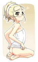 Rule 34 | 1girl, alternate hairstyle, ass, barefoot, blonde hair, blush, bottomless, brown eyes, feet, forehead, glasses, k10k, kneeling, naked towel, perrine h. clostermann, seiza, sitting, soles, solo, spanked, squiggle, strike witches, tears, toes, towel, world witches series