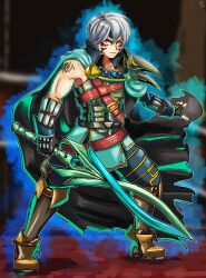 Rule 34 | 1boy, absurdres, alternate costume, alternate eye color, alternate hair color, alternate weapon, armor, aura, bare shoulders, belt, blue gemstone, body markings, cape, chrom (fire emblem), collar, company connection, corruption, crescent, crossover, dark persona, double helix, facial tattoo, falchion (fire emblem), falchion (weapon), fierce deity, fingerless gloves, fire emblem, fire emblem awakening, frown, gem, gloves, glowing, hal laboratory, highres, holding, holding sword, holding weapon, intelligent systems, looking to the side, muscular, nintendo, no pupils, pauldrons, possessed, possession, short hair, shoulder armor, single pauldron, stoic seraphim, super smash bros., sword, tattoo, the legend of zelda, the legend of zelda: majora&#039;s mask, triangle, weapon, white eyes, white hair