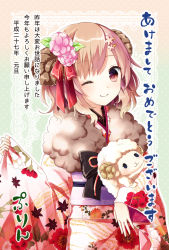 Rule 34 | 1girl, ;), akeome, brown eyes, brown hair, flower, flower on head, hair flower, hair ornament, horns, japanese clothes, kimono, looking at viewer, new year, one eye closed, original, purin jiisan, sheep horns, short hair, smile, solo, stuffed animal, stuffed sheep, stuffed toy, translation request