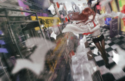 Rule 34 | 1girl, ankle boots, belt, blue eyes, boots, brown hair, buckle, checkered floor, city, floor, infukun, lab coat, pantyhose under shorts, long hair, long sleeves, makise kurisu, necktie, pantyhose, red necktie, revision, shorts, solo, steins;gate, tree, walking
