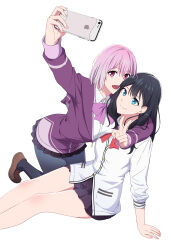 Rule 34 | 2girls, absurdres, arm around neck, arm support, black hair, black pantyhose, black skirt, blue eyes, bow, bowtie, brown footwear, cardigan, cellphone, chinese commentary, collared shirt, commentary request, dress shirt, gridman universe, hair between eyes, highres, holding, holding phone, iphone, jacket, jovei, loafers, long hair, long sleeves, multiple girls, pantyhose, partially unzipped, phone, pink eyes, pleated skirt, purple bow, purple bowtie, purple eyes, purple jacket, selfie, shinjou akane, shirt, shoes, short hair, simple background, sitting, skirt, sleeves past elbows, smartphone, ssss.gridman, takarada rikka, white background, white cardigan, white shirt
