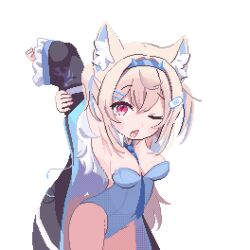 Rule 34 | 1girl, :o, alternate costume, animal ear fluff, animal ears, arms behind head, arms up, bandaid, bandaid hair ornament, black jacket, blonde hair, blue hair, blue hairband, blue leotard, blue necktie, blush stickers, breasts, dog ears, fang, fuwawa abyssgard, hair ornament, hairband, hairclip, hololive, hololive english, jacket, large breasts, leotard, long hair, looking at viewer, multicolored hair, necktie, off shoulder, one eye closed, pink eyes, pixel art, potato7192, simple background, skin fang, solo, strapless, strapless leotard, streaked hair, transparent background, virtual youtuber