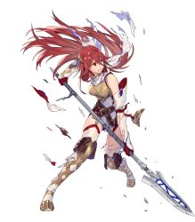 Rule 34 | 1girl, armor, bare shoulders, belt, boobplate, boots, breastplate, cordelia (fire emblem), dress, female focus, fire emblem, fire emblem awakening, fire emblem heroes, full body, garter straps, gloves, highres, holding, holding polearm, holding spear, holding weapon, katou itsuwa, long hair, matching hair/eyes, nintendo, official art, open mouth, polearm, red eyes, red hair, scarf, short dress, shoulder armor, solo, spear, thigh boots, thighhighs, thighs, torn clothes, torn thighhighs, transparent background, weapon, white scarf, white thighhighs, zettai ryouiki