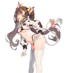 Rule 34 | 1girl, absurdres, animal ears, artist name, asymmetrical bangs, bell, bikini, black bikini, blush, breasts, brown hair, cow ears, cow tail, fake animal ears, feet out of frame, fingerless gloves, gloves, hairband, hand on own hip, highleg, highleg bikini, highres, hood, hood down, horns, leaning forward, lilithmy, lily bloomerchen, long hair, looking at viewer, looking to the side, medium breasts, micro bikini, navel, neck bell, open mouth, orange eyes, shorts, shrug (clothing), simple background, soulworker, standing, string bikini, sweatdrop, swimsuit, tail, tail bell, tail ornament, thighhighs, twintails, white background, white gloves, white shorts, white thighhighs