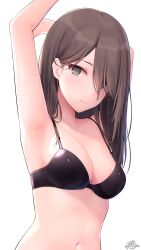 Rule 34 | 1girl, arm up, armpits, black bra, bra, breasts, brown hair, cleavage, commentary request, grey eyes, hair over one eye, highres, looking at viewer, medium breasts, medium hair, original, ramchi, signature, simple background, solo, underwear, white background