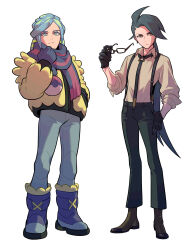 Rule 34 | 1boy, 1girl, absurdres, black necktie, black pants, blue footwear, boots, closed mouth, collared shirt, commentary request, creatures (company), game freak, glasses, green hair, grusha (pokemon), hand on own hip, highres, holding, holding removed eyewear, jacket, korean commentary, long hair, mittens, necktie, nintendo, pants, pokemon, pokemon sv, redlhzz, rika (pokemon), scarf, shirt, split mouth, standing, striped clothes, striped scarf, suspenders, unworn eyewear, white background, yellow jacket