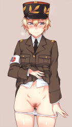 Rule 34 | 10s, 1girl, asparagus (girls und panzer), blonde hair, blue eyes, blush, clothes lift, commentary request, em (totsuzen no hakike), embarrassed, female pubic hair, girls und panzer, girls und panzer ribbon no musha, gluteal fold, hat, kepi, looking away, military, military hat, military uniform, navel, necktie, panties, panty pull, pleated skirt, pubic hair, pussy, short hair, simple background, skirt, skirt lift, solo, sweat, uncensored, underwear, uniform, white panties