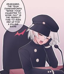 Rule 34 | 1boy, arm rest, black gloves, black hat, black jacket, chair, cheer (cheerpuppy14), closed eyes, commentary, danganronpa (series), danganronpa v3: killing harmony, english commentary, english text, glados, gloves, gradient background, grey hair, hat, highres, jacket, k1-b0, male focus, microphone, official alternate costume, peaked cap, portal (series), short hair, sitting, solo, speech bubble, teeth, upper teeth only
