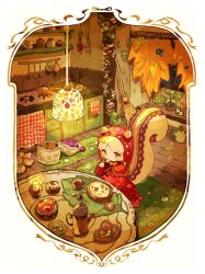 Rule 34 | 1girl, acorn, animal ears, basket, blonde hair, bread, broom, candle, capelet, commentary request, counter, cup, dress, eating, flower, food, fruit, hanging light, highres, holding, holding spoon, indoors, jar, kitchen, leaf, little red riding hood, little red riding hood (grimm), mushroom, myu (3u gumi), nut (food), original, pastry, plant, polka dot, polka dot dress, pomegranate, red dress, red headwear, sack, shadow, sitting, solo, spice rack, spoon, squirrel ears, squirrel girl, squirrel tail, stove, sweet potato, tail, teacup, teapot, utensil rack, watering can, window, wooden floor, yellow eyes