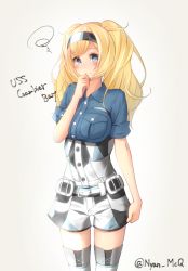 Rule 34 | 1girl, blonde hair, blue eyes, blue shirt, blush, breast pocket, breasts, character name, commentary request, cowboy shot, gambier bay (kancolle), hair between eyes, hair ornament, highres, kantai collection, large breasts, long hair, looking at viewer, low twintails, nyan (reinyan 007), pocket, shirt, short sleeves, simple background, solo, thigh gap, thighhighs, thighs, twintails, white thighhighs