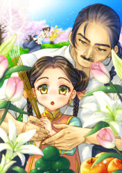 Rule 34 | 1boy, 2girls, :o, absurdres, black hair, blue sky, braid, braided ponytail, brown hair, cherry blossoms, chinese clothes, day, double bun, earrings, facial hair, father and daughter, flower, food, fruit, hair bun, highres, ikeda tsukasa, incense, jewelry, lau chan, multiple girls, mustache, outdoors, pai chan, ponytail, religious offering, sky, twin braids, twintails, virtua fighter, yellow eyes