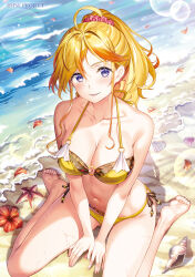 1girl ahoge bare_arms bare_legs bare_shoulders barefoot beach between_legs bikini black_bikini blonde_hair breasts cleavage commentary_request conch day flower fujima_takuya hand_between_legs highspeed_etoile layered_bikini long_hair medium_breasts official_art on_ground outdoors parted_bangs parted_lips petals ponytail purple_eyes red_flower sand seashell shell side-tie_bikini_bottom sitting smile soles solo sophia_b_tokitou starfish swimsuit twitter_username wariza water yellow_bikini