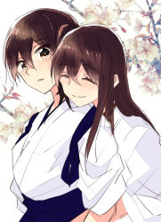 Rule 34 | 10s, 2girls, akagi (kancolle), brown eyes, brown hair, cherry blossoms, commentary request, closed eyes, flower, hair between eyes, hakama, hakama skirt, head on another&#039;s shoulder, hug, hug from behind, japanese clothes, kaga (kancolle), kantai collection, looking at another, multiple girls, outdoors, side ponytail, skirt, smile, straight hair, takamachiya, yuri