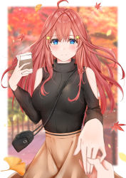 Rule 34 | 1girl, absurdres, ahoge, autumn, autumn leaves, bag, between breasts, black shirt, blue eyes, blurry, blush, border, breasts, brown skirt, closed mouth, clothing cutout, coffee, coffee cup, cowboy shot, cup, depth of field, disposable cup, eyes visible through hair, fingernails, go-toubun no hanayome, hair ornament, hand up, highres, holding, holding cup, holding hands, long hair, looking at viewer, nakano itsuki, open mouth, out of frame, outside border, outstretched arm, reaching, reaching towards viewer, shirt, shoulder bag, shoulder cutout, skirt, smile, solo focus, star (symbol), star hair ornament, sweater, turtleneck, turtleneck sweater, uiri-na