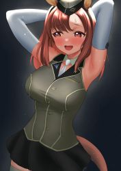 Rule 34 | 1girl, absurdres, animal ears, armpits, arms up, black skirt, breasts, brown eyes, brown hair, elbow gloves, fake animal ears, gloves, grace maitland steward, green shirt, hairband, hat, highres, horse ears, horse tail, kuroniko, large breasts, luminous witches, military, military hat, military uniform, open mouth, shirt, skindentation, skirt, sleeveless, solo, sweat, tail, uniform, world witches series