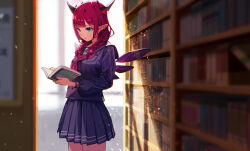 Rule 34 | 1girl, black halo, black wings, blue serafuku, blue shirt, blue skirt, blurry, blurry background, blurry foreground, book, braid, deenamaito, double halo, halo, highres, holding, holding book, hololive, hololive english, irys (gaming casual) (hololive), irys (hololive), long hair, mismatched wings, multicolored hair, neckerchief, pink halo, pink neckerchief, pleated skirt, pointy ears, purple hair, reading, red eyes, school uniform, serafuku, shirt, skirt, solo, star-shaped pupils, star (symbol), star halo, sunlight, symbol-shaped pupils, twin braids, two-tone hair, upper body, virtual youtuber, white wings, wings