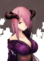 Rule 34 | 1girl, absurdres, bad id, bad pixiv id, bare shoulders, breasts, cleavage, closed mouth, collarbone, elf, expressionless, hair over one eye, highres, horns, japanese clothes, kimono, koretsuki aduma, large breasts, leaf print, long hair, looking at viewer, off shoulder, original, pink eyes, pink hair, pointy ears, sash, solo, two-tone background, underbust, upper body, very long hair