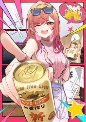 Rule 34 | 1girl, absurdres, bare arms, bare shoulders, beer can, breasts, can, center frills, drink can, earrings, eyewear on head, fingernails, frills, glasses, gold earrings, hair ornament, hairpin, highres, hololive, hololive dev is, ichijou ririka, jewelry, large breasts, manjirou (manji illust), nail polish, one eye closed, open mouth, orange eyes, orange hair, orange nails, pink shirt, shirt, single earring, skirt, sleeveless, sleeveless shirt, smile, solo, virtual youtuber