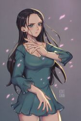 Rule 34 | 1girl, artist name, ayat chan, black hair, blue dress, blue eyes, cherry blossoms, commentary, cowboy shot, dress, frilled dress, frills, highres, jewelry, long hair, looking at viewer, loose hair strand, necklace, nico robin, one piece, petals, pink petals, red nails, short dress, sidelocks, simple background, solo, symbol-only commentary