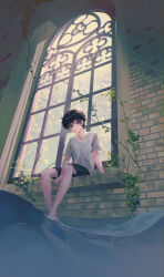 Rule 34 | 1boy, absurdres, barefoot, black pants, blue eyes, brick wall, child, commentary, highres, indoors, looking at viewer, male focus, original, pants, plant, ramingbera, shirt, short hair, sitting, soaking feet, solo, vines, water, white shirt, window