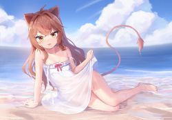 Rule 34 | :p, ahoge, animal ears, areola slip, arm support, bare shoulders, barefoot, beach, blush, bow, breasts, brown hair, cleavage, clothes lift, cloud, crossed bangs, dress, dress lift, full body, highres, hirotaka0125, indie virtual youtuber, lion ears, lion tail, long hair, looking at viewer, lying, no bra, no panties, ocean, on side, red ribbon, ribbon, rurudo lion, rurudo lion (1st costume), sand, see-through, sky, small breasts, strap slip, sundress, tail, tongue, tongue out, virtual youtuber, water, wet, white dress, yellow eyes