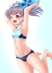 Rule 34 | 1girl, absurdres, ball, barefoot, beachball, bikini, blue bikini, breasts, brown eyes, commentary request, grey hair, highres, jumping, kantai collection, makura (y makura), one eye closed, ooshio (kancolle), short twintails, small breasts, smile, solo, sports bikini, swimsuit, twintails