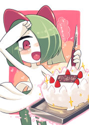 Rule 34 | arm up, bags under eyes, baking sheet, blush, cake, colored skin, creatures (company), food, fruit, game freak, gen 3 pokemon, green hair, hair over one eye, heart, highres, horns, ino (tellu0120), kirlia, multicolored skin, nintendo, open mouth, pink background, pink eyes, pokemon, pokemon (creature), psychic, sidelocks, simple background, strawberry, teardrop, translation request, two-tone skin, white skin