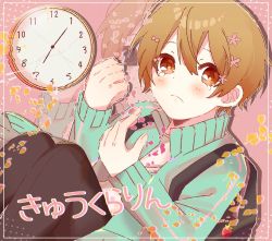 Rule 34 | 1boy, blonde hair, blue hoodie, blush, clock, closed mouth, frown, highres, hood, hoodie, is18 5, long sleeves, looking at viewer, male focus, multicolored background, numbered, pink background, root (stpri), short hair, solo, strawberry prince, yellow background, yellow eyes