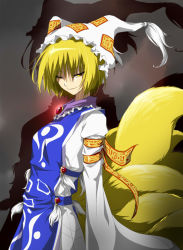 Rule 34 | 1girl, armband, bad id, bad pixiv id, blonde hair, brooch, female focus, fox tail, glowing, grey background, hat, japanese clothes, jewelry, long sleeves, looking at viewer, multiple tails, myutsusama, ofuda, shadow, short hair, smirk, solo, standing, tabard, tail, tassel, touhou, yakumo ran, yellow eyes